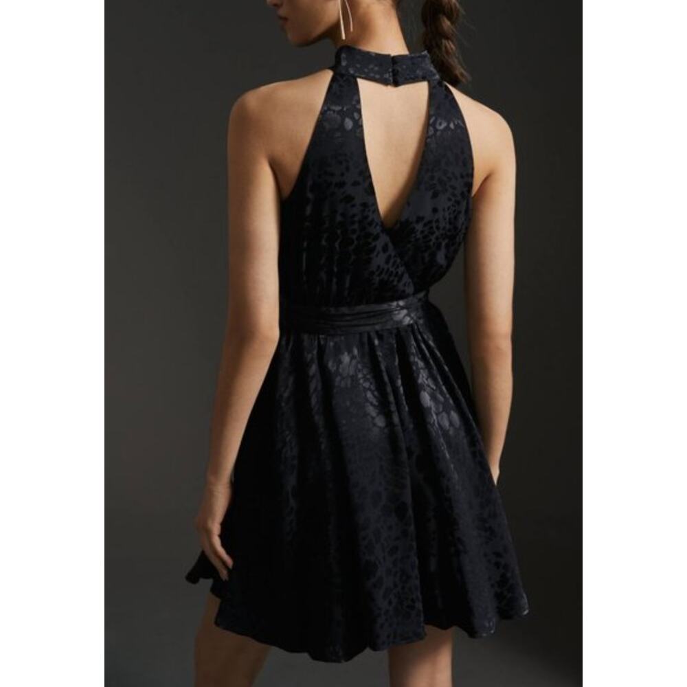 Anthropologie Black Halter Dress Tie Waist Jacquard Open Back Fit Flare - Picture 2 of 8